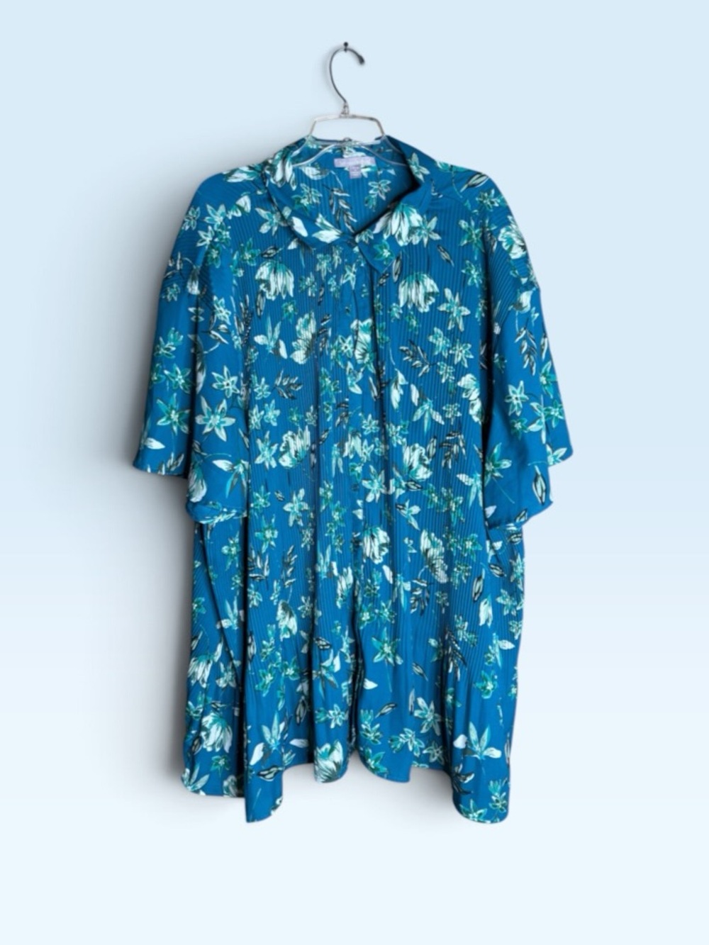 Woman Within 4X 30-36 Teal Floral Pleated Shirt Dress Tunic Plus Size
